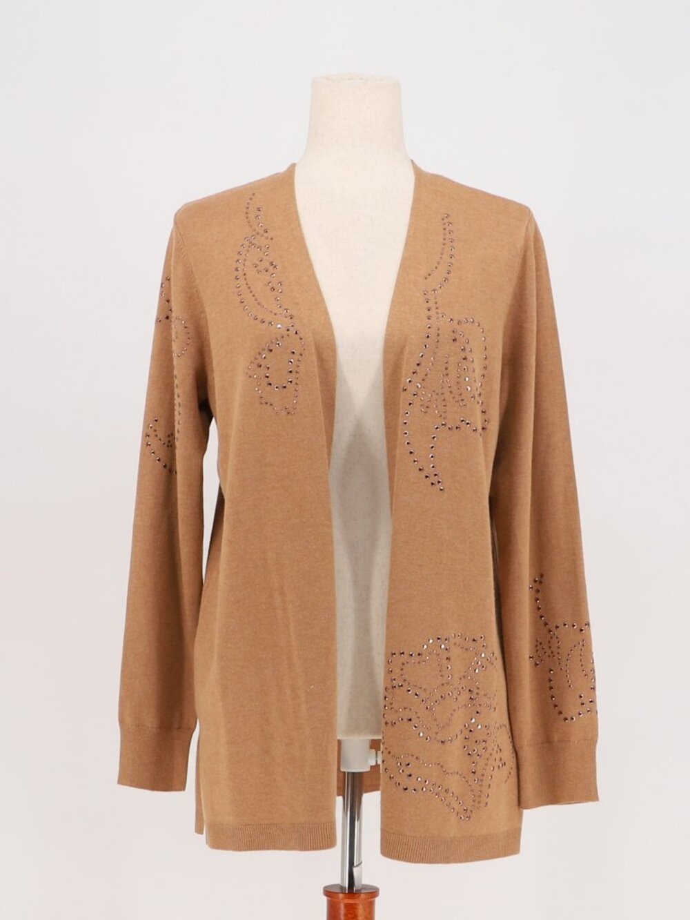 CHICO'S Floral Heatset Open Front Cardigan Sweater in Camel Heather Size 1/M